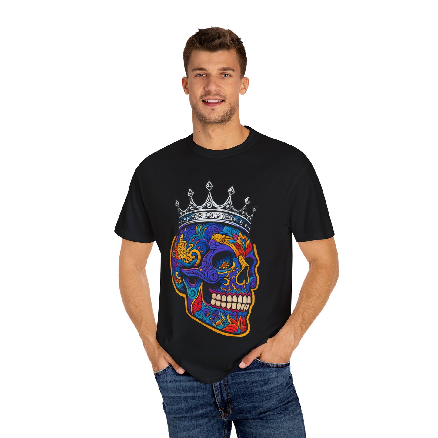 Vibrant Skull Crown T-shirt, Unisex Gift, Festival Wear, Artistic Tee, Casual Style, Unique Graphic Shirt