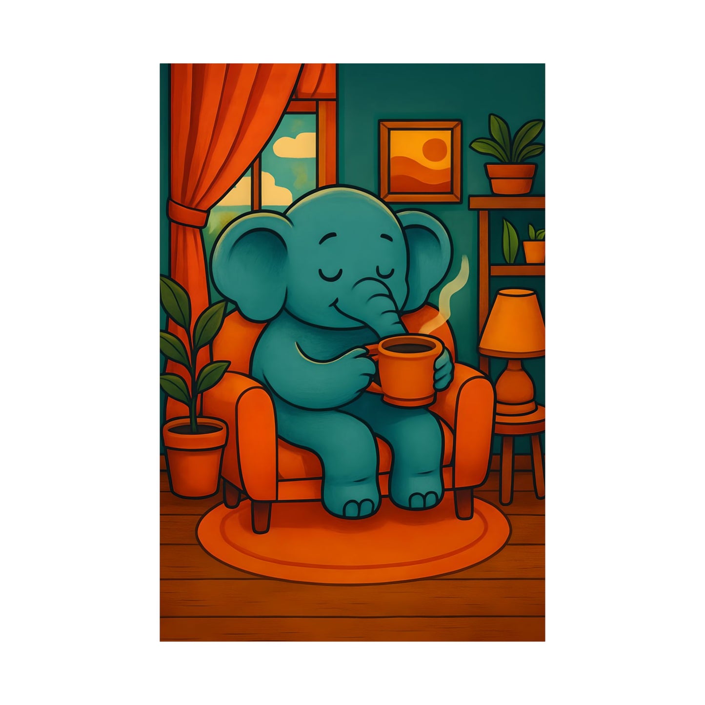 Cozy Elephant Art Print, Cute Home Decor, Wall Art, Living Room Prints, Gift for Animal Lovers, Nursery Decoration