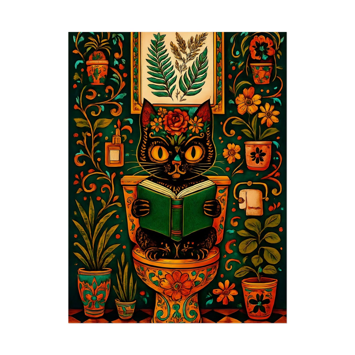 Whimsical Cat Reading Rolled Poster | Unique Wall Art, Cute Home Decor, Gift for Cat Lovers, Cat-Themed Art, Fun Bathroom Decor