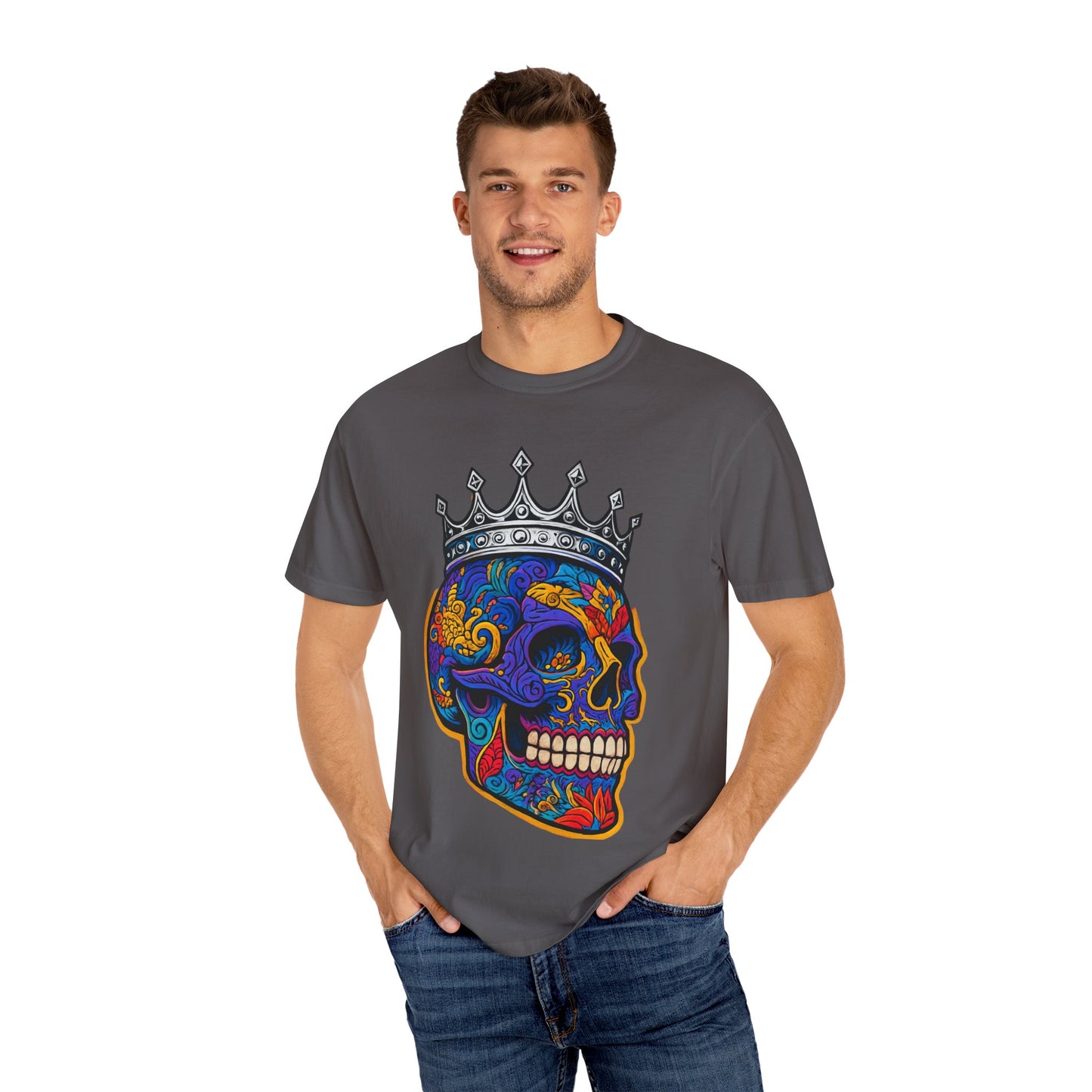 Vibrant Skull Crown T-shirt, Unisex Gift, Festival Wear, Artistic Tee, Casual Style, Unique Graphic Shirt