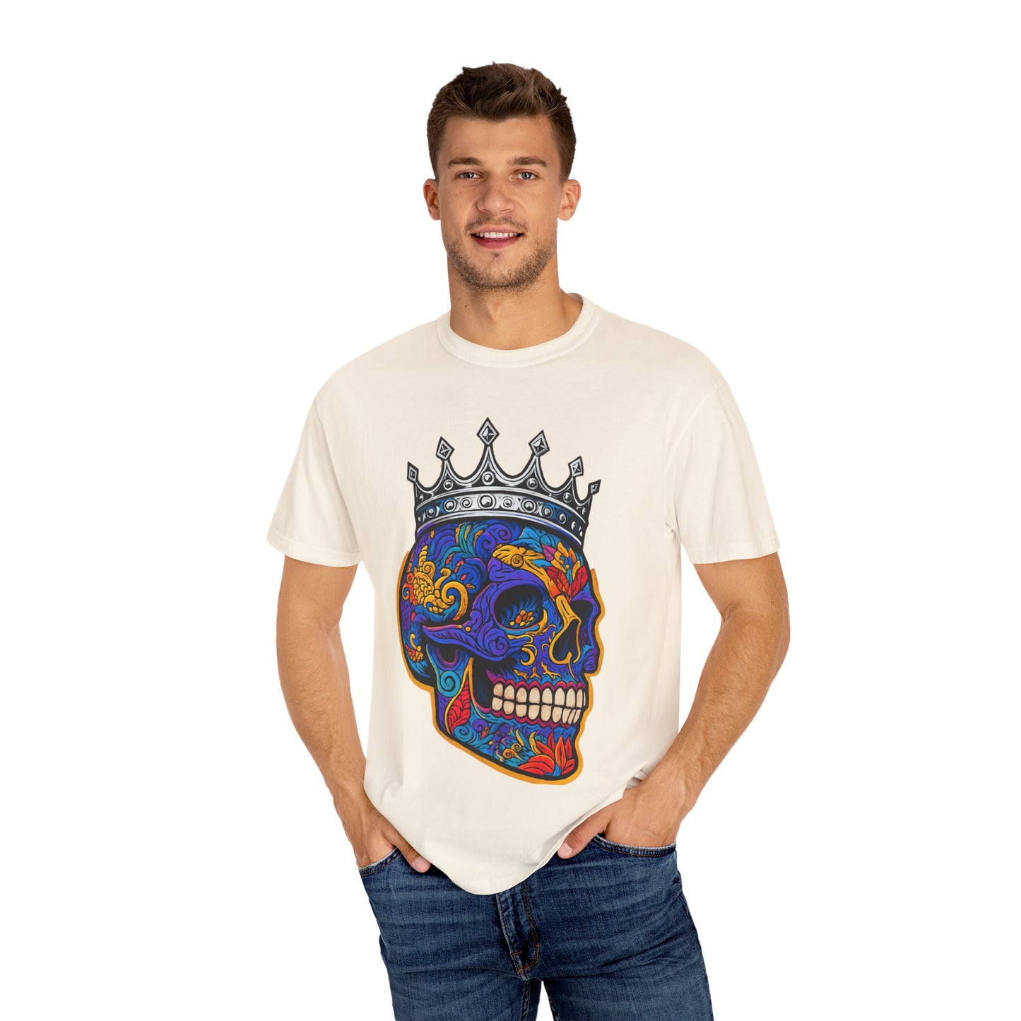 Vibrant Skull Crown T-shirt, Unisex Gift, Festival Wear, Artistic Tee, Casual Style, Unique Graphic Shirt