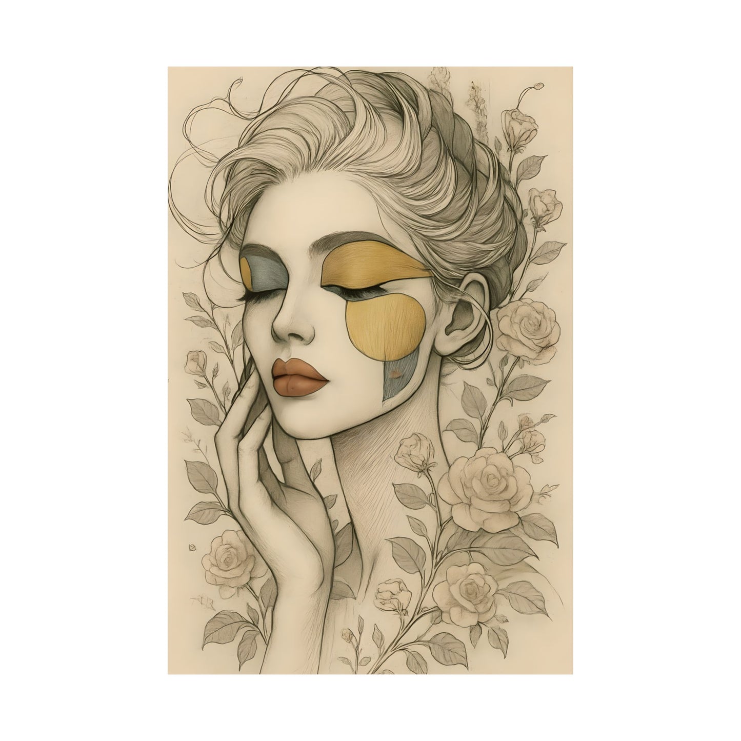 Elegant Woman Portrait Art Print, Matte Vertical Posters, Boho Home Decor, Floral Wall Art, Feminine Aesthetic Gifts, Bedroom Wall Art