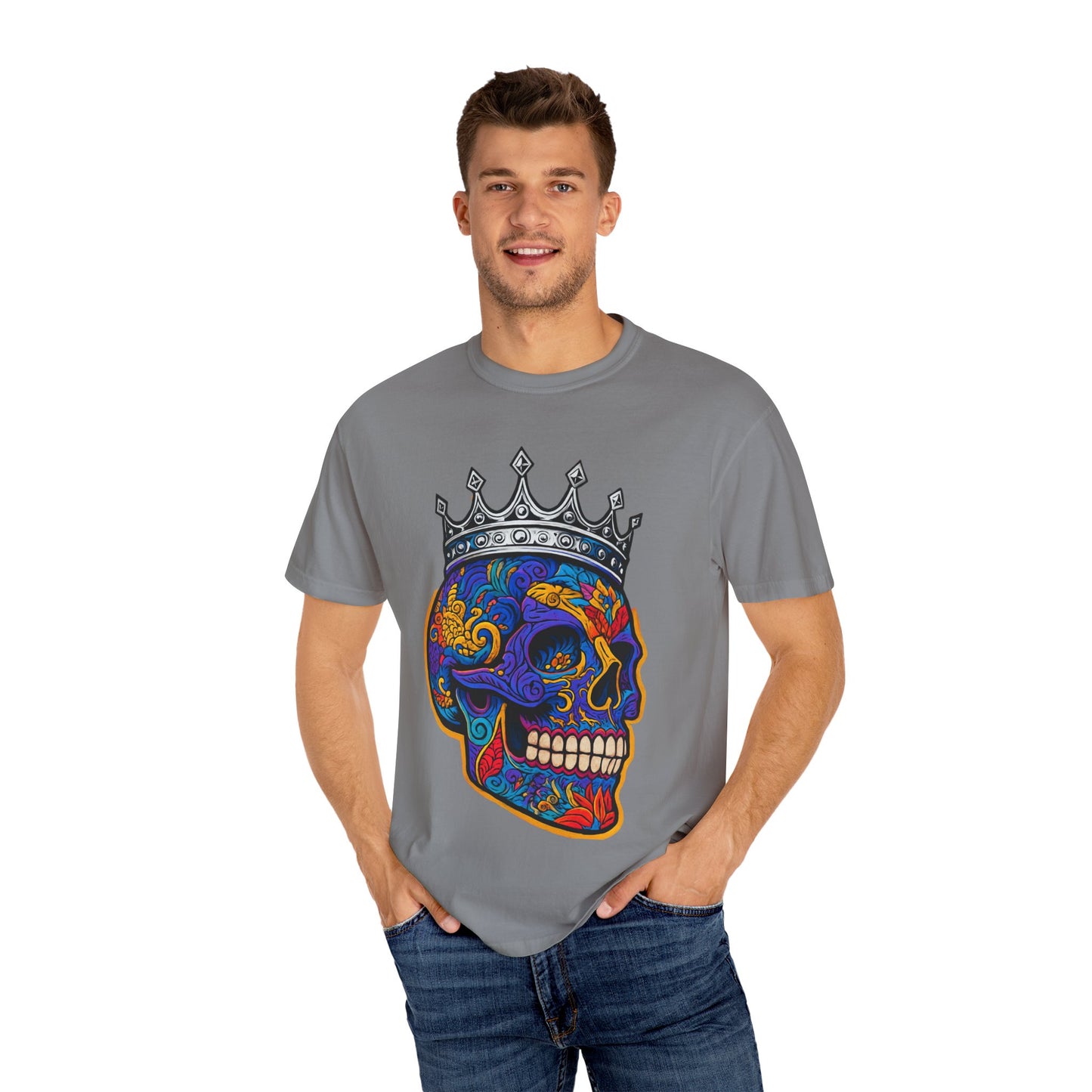 Vibrant Skull Crown T-shirt, Unisex Gift, Festival Wear, Artistic Tee, Casual Style, Unique Graphic Shirt