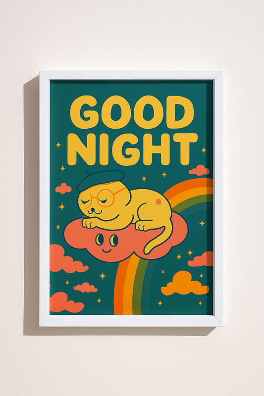 Good Night Cat Poster, Cute Wall Art, Home Decor, Gift for Cat Lovers, Colorful Bedroom Poster