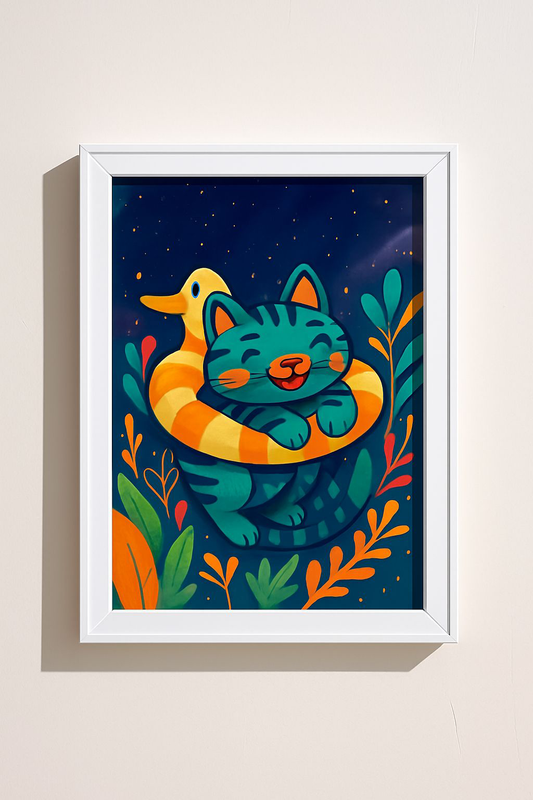 Colorful Cat and Duck Poster, Playful Wall Art, Cute Animal Decor, Gift for Cat Lovers, Kid’s Room Decoration, Fun Nursery Art