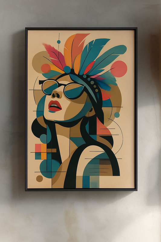 Colorful Matte Vertical Posters of Stylish Woman with Feathers, Wall Decor, Art Print, Home Decor, Gift for Her, Boho Art