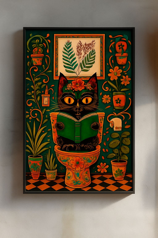 Whimsical Cat Reading Rolled Poster | Unique Wall Art, Cute Home Decor, Gift for Cat Lovers, Cat-Themed Art, Fun Bathroom Decor