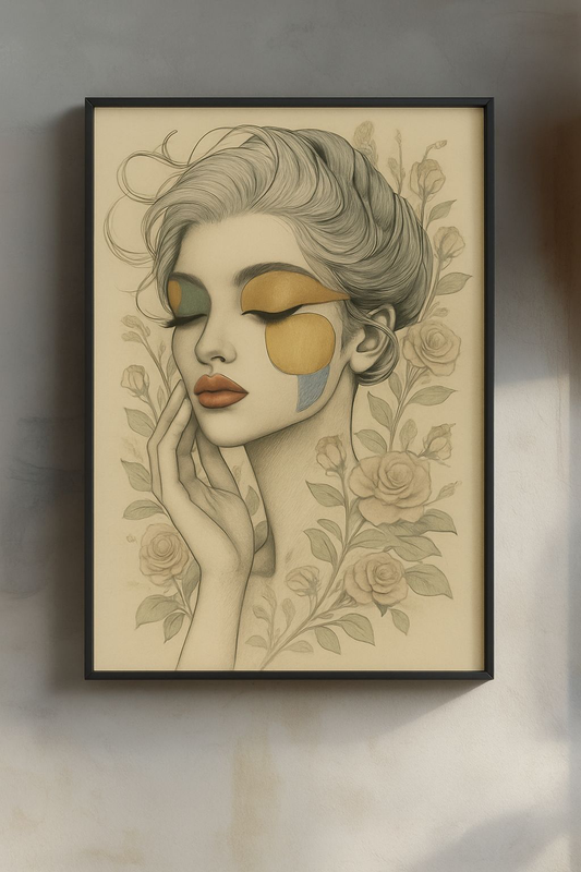 Elegant Woman Portrait Art Print, Matte Vertical Posters, Boho Home Decor, Floral Wall Art, Feminine Aesthetic Gifts, Bedroom Wall Art