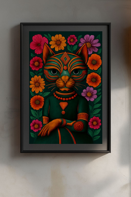 Vibrant Cat Art Print, Colorful Floral Wall Decor, Boho Home Decor, Unique Gift for Cat Lovers, Art for Living Room