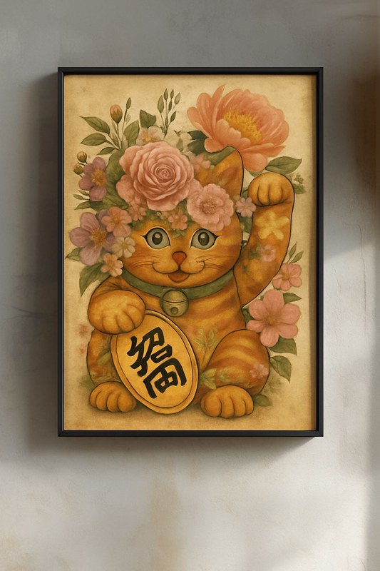 Vintage Cat Art Poster, Matte Wall Décor, Floral Cat Print, Japanese Inspired, Home Decor, Gift for Cat Lovers, Nursery Decoration