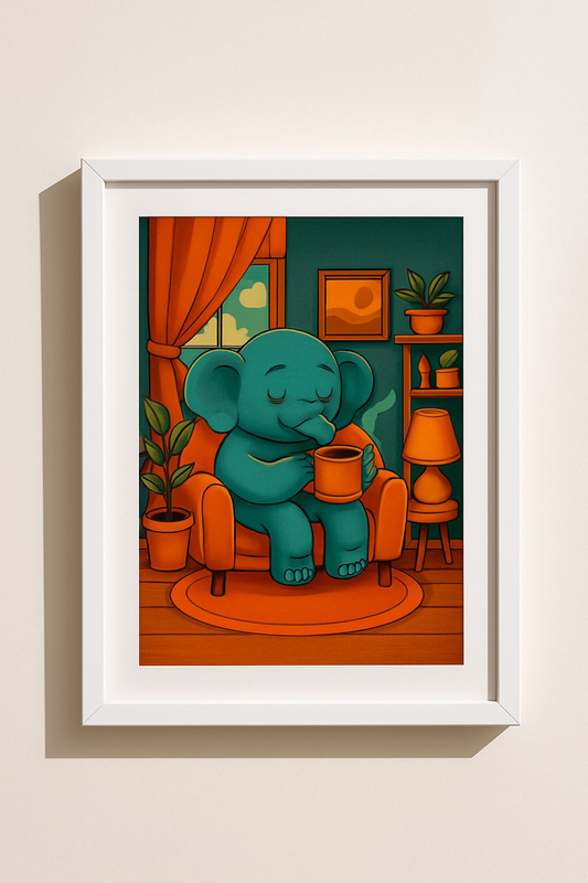 Cozy Elephant Art Print, Cute Home Decor, Wall Art, Living Room Prints, Gift for Animal Lovers, Nursery Decoration