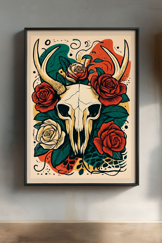 Bohemian Skull Art Print, Vintage Wall Decor, Floral Poster for Nature Lovers, Rustic Home Accent, Unique Gift Idea