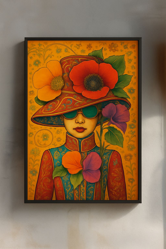 Vibrant Art Poster, Colorful Flower Girl Wall Decor, Bohemian Home Art, Unique Gift for Art Lovers, Floral Print, Retro Aesthetic